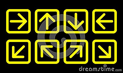 Arrow direction sign set, yellow thin line squares on black Vector Illustration