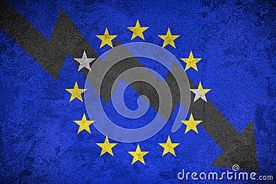 Arrow down on the background of the EU flag. The concept of economic recession, depression and crisis. Editorial Stock Photo