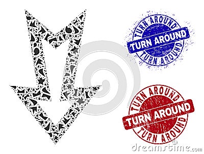 Arrow Down Mosaic of Debris with Turn Around Textured Seal Stamps Vector Illustration