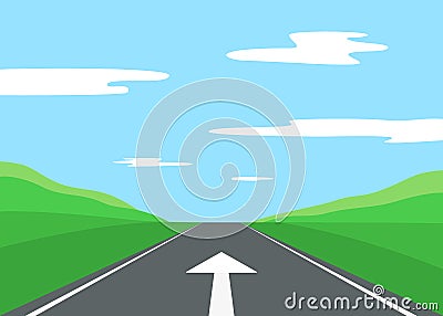 Arrow for driving in right direction movement on straight asphalt road. Achievement target, right way on nature Vector Illustration