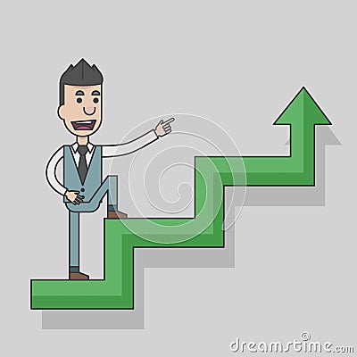 Arrow graph going up and businessman going up with case rises to top step of stairs Vector Illustration