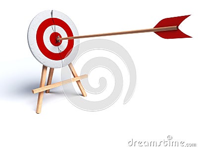 Arrow hitting directly in bulls eye Stock Photo