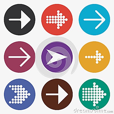 Arrow icon set. White guides, cursor, colorful buttons with pointer. Vector Illustration