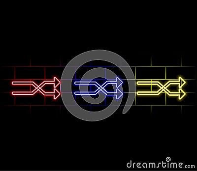 Neon right arrows colourful vector icons set. Realistic glowing pointers on transparent background. Location indicator for casino Stock Photo