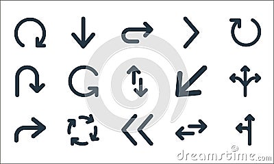 arrow line icons. linear set. quality vector line set such as arrow, left, next, left and right arrows, recycle, u turn, down left Vector Illustration