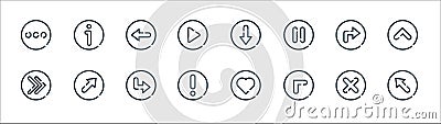Arrow line icons. linear set. quality vector line set such as top left, top left, alert, right, turn right, left, down, about Vector Illustration