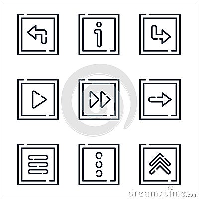 Arrow line icons. linear set. quality vector line set such as up arrow, more, menu, right, next, play, next, about Vector Illustration