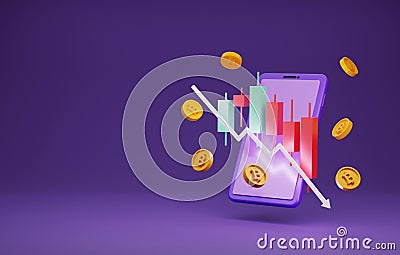 Arrow with red candlestick downward and bitcoin coin price on smartphones Cartoon Illustration