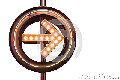 Arrow - a right pointer made of metal, decorated with light bulbs in the loft style in a large circle. Isolated on white Stock Photo