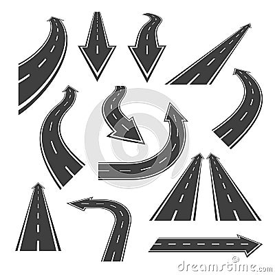 Arrow road set. Road arrows with white markings. Vector Illustration