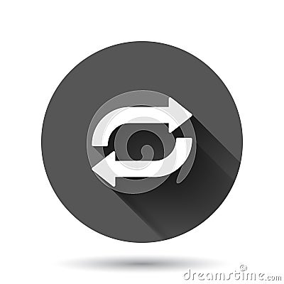 Arrow rotation icon in flat style. Sync action vector illustration on black round background with long shadow effect. Refresh Vector Illustration