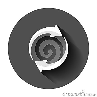 Arrow rotation icon in flat style. Sync action vector illustration on black round background with long shadow. Refresh button Vector Illustration