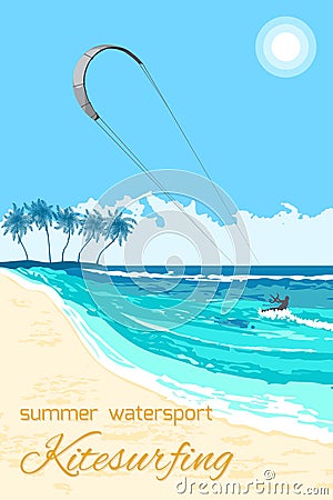 Kitesurfing summer watersport poster Vector Illustration