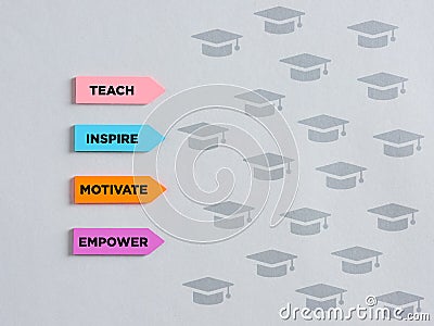 Arrow shaped colorful stickers with the basic educational words teach, inspire motivate and empower. Educational mentorship Stock Photo