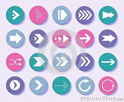 Arrow signs. Next up. Back or right icon for website UI. Cursor button. Left pointer. Previous spot. Webpage signpost Vector Illustration