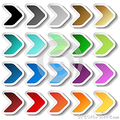 Arrow stickers. Black, grey, silver, dark, golden, cyan, turquoise, blue, green, purple, red, orange and yellow label with white Vector Illustration