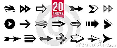 Arrow symbols big set of different shapes styles and concepts, cursors for icons or logo creation, single color monochrome Vector Illustration