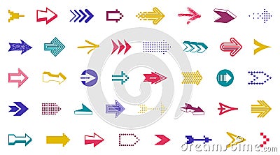 Arrow symbols big set of different shapes styles and concepts, cursors for icons or logo creation, single color monochrome Vector Illustration