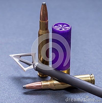 An arrow with a three blade broadhead attached to it with two 30.06 caliber bullets and a 12 gauge shotgun shell Stock Photo