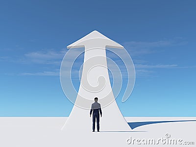 Businessman looks to a white arrow rising up. Cartoon Illustration