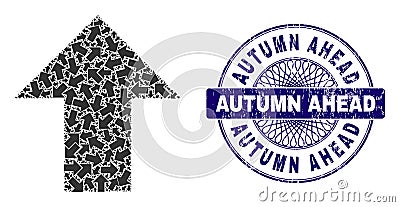 Arrow Up Fractal Composition of Arrow Up Icons and Grunge Autumn Ahead Round Guilloche Stamp Vector Illustration