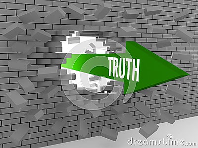 Arrow with word Truth breaking brick wall. Cartoon Illustration
