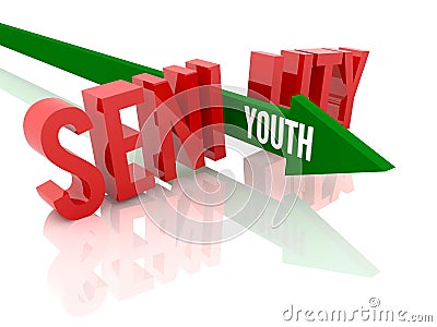 Arrow with word Youth breaks word Senility. Cartoon Illustration