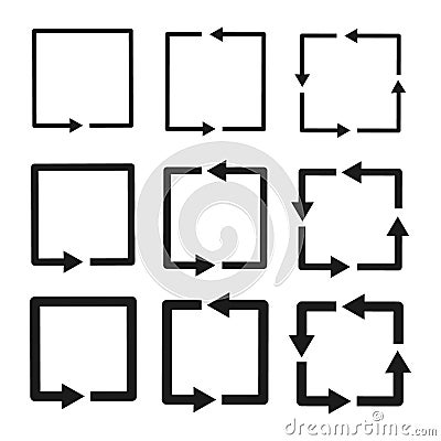 Arrowed squares collection. Rotating frame symbols. Black vector shapes. Repeating square patterns. Vector Illustration