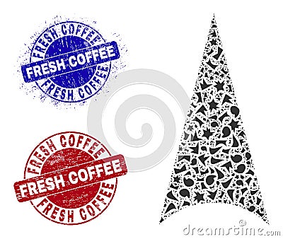 Arrowhead Up Mosaic of Fractions with Fresh Coffee Grunge Seal Stamps Vector Illustration