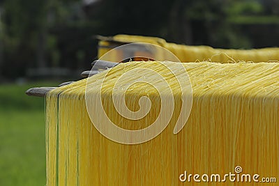 Hanoi, Vietnam,: arrowroot vermicelli- a special Vietnamese noodles are being dried on bamboo fences going along Stock Photo