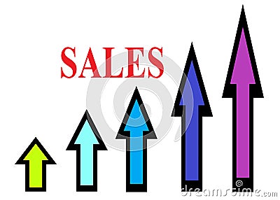 Arrows with bold black outlines and multiple colors of different sizes pointing upwards and the word sales in red Cartoon Illustration