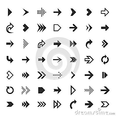 Arrows collection. Black arrow direction signs forward and down for navigation or web download button isolated vector Vector Illustration
