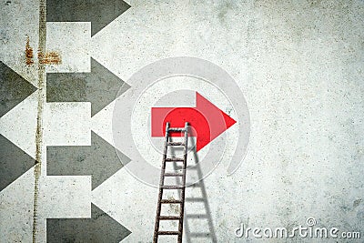 Arrows on a concrete wall. Red arrow, right direction. Stairs. Leadership concept. Team. Business Finance. Stock Photo