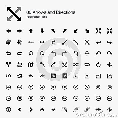 80 Arrows and Directions Pixel Perfect Icons Vector Illustration