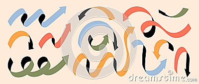Arrows. Dynamic twist spiral lines, curve playful signs or quirky direction doodles, curvy cool pointer. Colorful swirl Vector Illustration