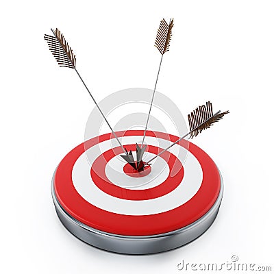 Arrows hit right on target bullseye. 3D illustration Cartoon Illustration