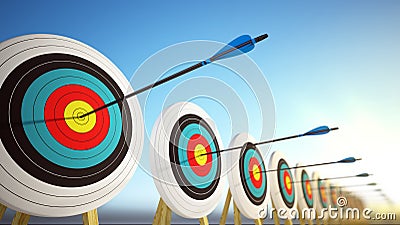 Arrows hitting the centers of targets - success business concept Stock Photo