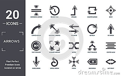 arrows icon set. include creative elements as horizontal merge, move, refresh, suffle, spiral arrow, fast forward filled icons can Vector Illustration