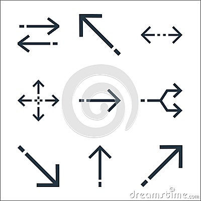 Arrows line icons. linear set. quality vector line set such as diagonal arrow, up arrow, diagonal arrow, junction, right resize, Vector Illustration