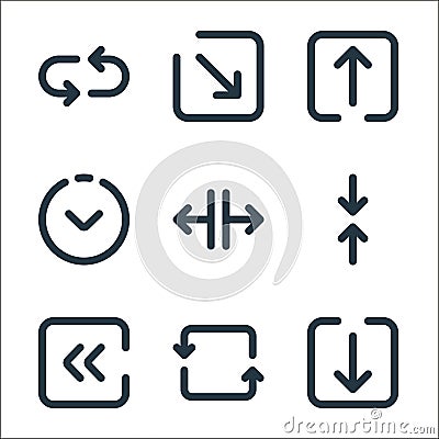 arrows line icons. linear set. quality vector line set such as down arrow, repeat, left arrow, shrink, resize, down arrow, up Vector Illustration