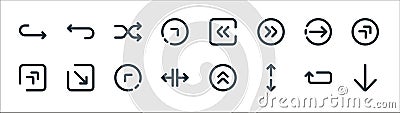arrows line icons. linear set. quality vector line set such as down arrow, resize, resize, diagonal arrow, right arrow, shuffle, Vector Illustration