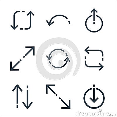 Arrows line icons. linear set. quality vector line set such as downloading, expansive, up down, refresh, synchronization, expand Vector Illustration