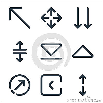 arrows line icons. linear set. quality vector line set such as resize, left arrow, diagonal arrow, up arrow, down resize, down Vector Illustration