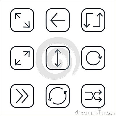 arrows line icons. linear set. quality vector line set such as shuffle, synchronize, next, rotate, up down, expand, recycle, left Vector Illustration