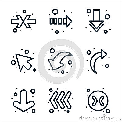 Arrows line icons. linear set. quality vector line set such as , three arrows, arrow down, down left arrow, turn left, down arrow Vector Illustration