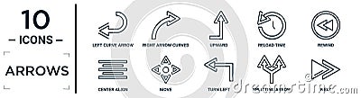 arrows linear icon set. includes thin line left curve arrow, upward, rewind, move, splitting arrow, next, center align icons for Vector Illustration