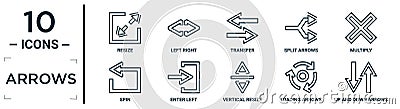 arrows linear icon set. includes thin line resize, transfer, multiply, enter left, loading arrows, up and down arrows, spin icons Vector Illustration