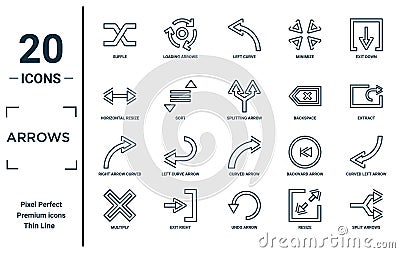 arrows linear icon set. includes thin line suffle, horizontal resize, right arrow curved, multiply, split arrows, splitting arrow Vector Illustration