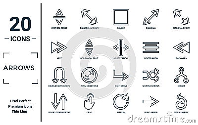 arrows linear icon set. includes thin line vertical resize, next, double curve arrow, up and down arrows, spiral arrow, split Vector Illustration