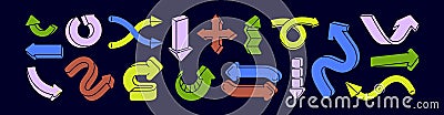 Arrows, pointers designs set. Curved twisted elements, showing direction, navigation in doodle retro style. Cursors Vector Illustration